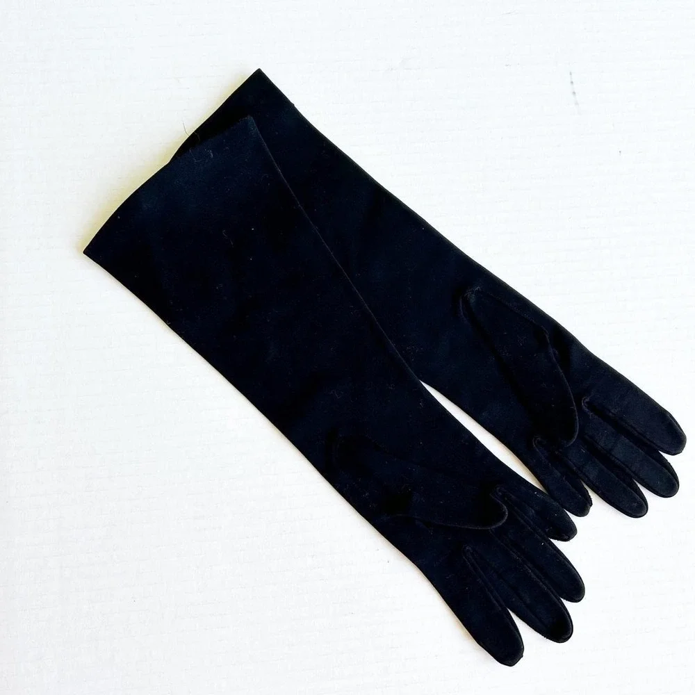 Vintage 1960's Long Black Satin Hansen Bow Gloves Mid Century Bombshell 6 1/2